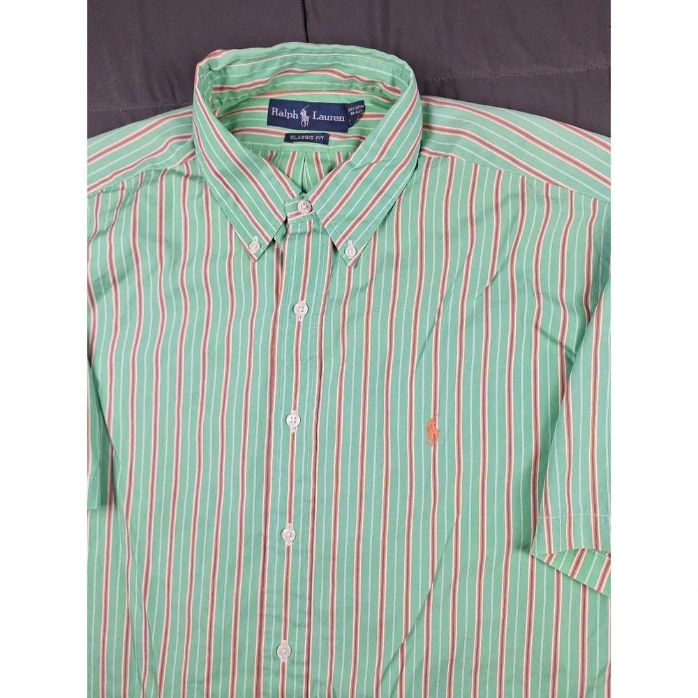 Polo Ralph Lauren Men's Classic Fit Green Orange Stripe XL Short Sleeve Preppy